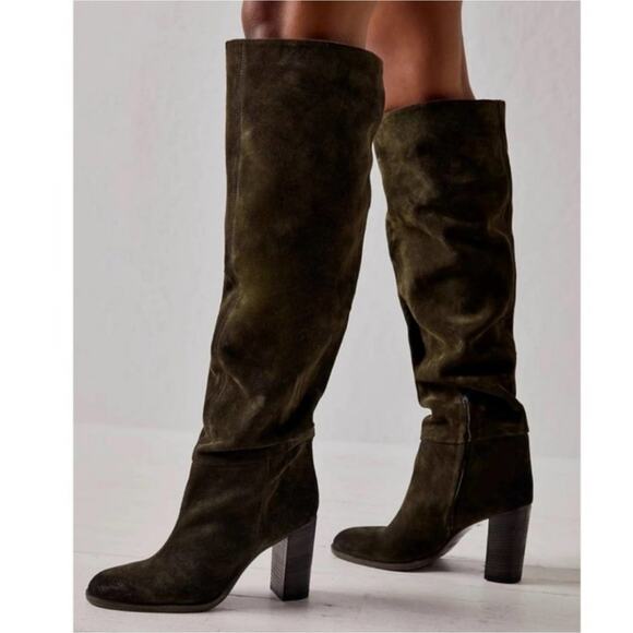 NEW Free People Dakota Moss Green Suede Leather Heeled Tall Slouchy Boots - Picture 10 of 11